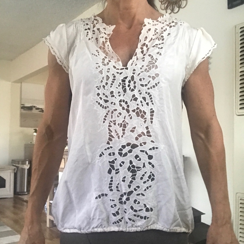 White embroidered cut out lacy silk top M BCBG